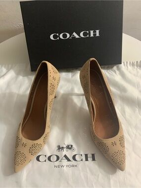 COACH Beige/Tan Suede Pointed-Toe Laser-Cut Pumps